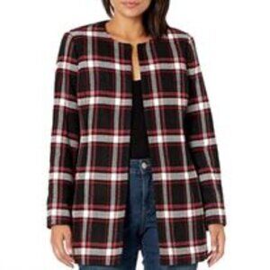 Nipon Boutique Kasper Jewel Neck Plaid Twill Topper in Black, Red & White Size 8
